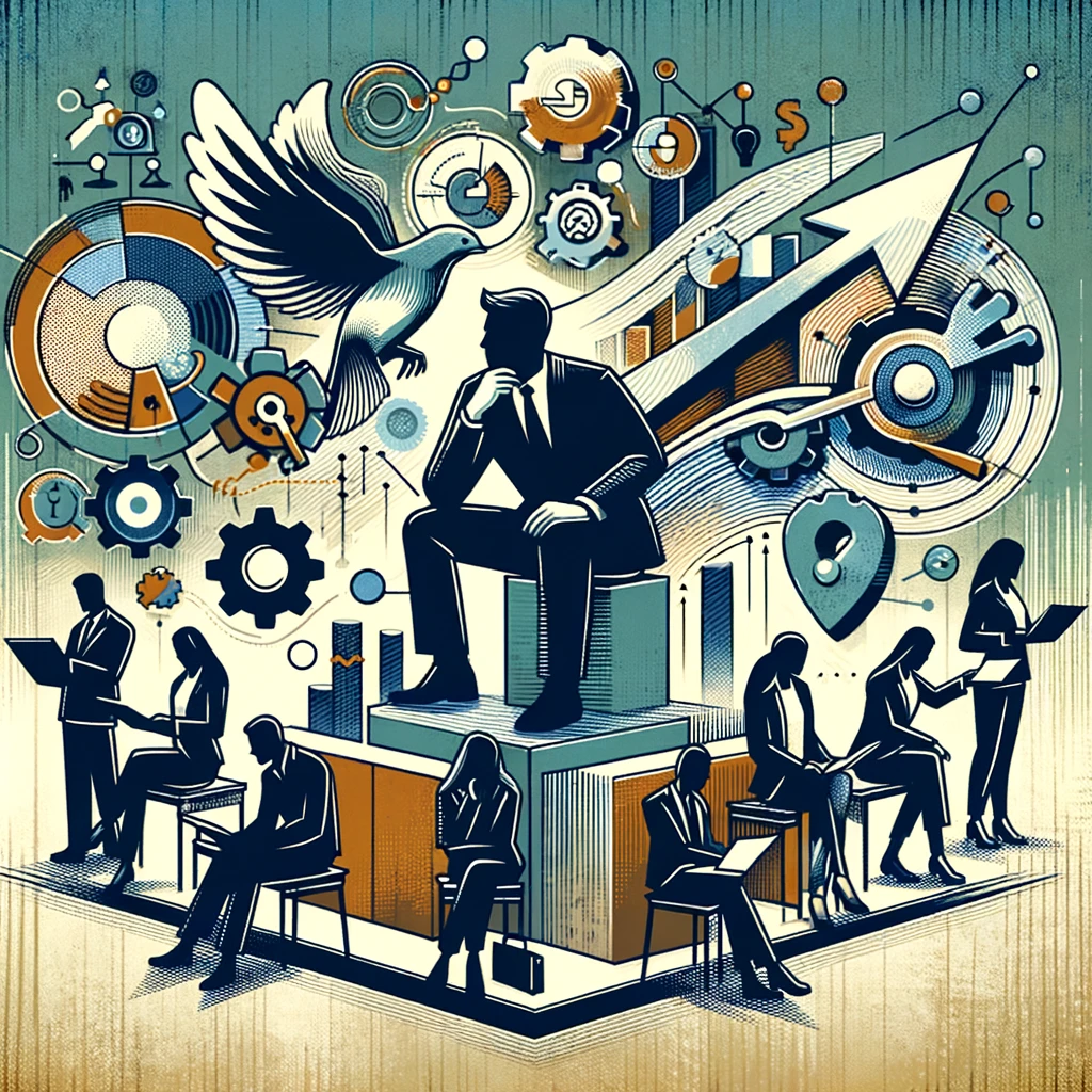 Abstract and cool scientific art representing the role of an interim product manager, with elements symbolizing leadership, strategic decision-making